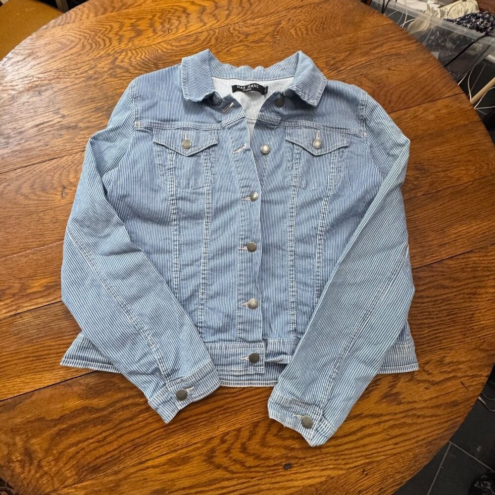 Max Jeans Womens XL Coquette Blue & White Pin Striped Cropped‎ Denim Jacket XL